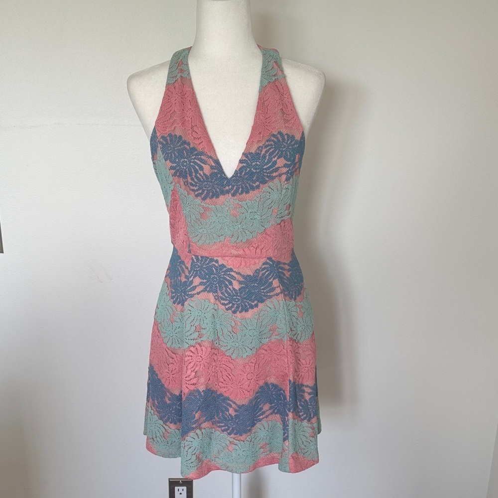 Nikibiki Pink, Mint Green, Blue Halter Dress Lace Overlay Size Small